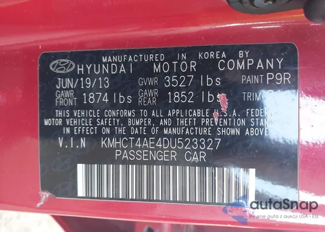 2013 Hyundai Accent Gls from USA, damaged, VIN KMHCT4AE4DU523327